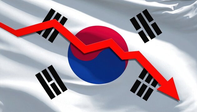 South Korean flag with a red downward arrow representing economic decline or financial downturn in South Korea. KOSPI