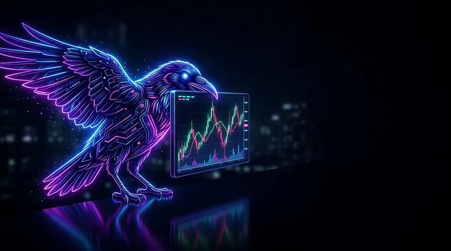 Neon raven carrying financial trading data on a digital screen