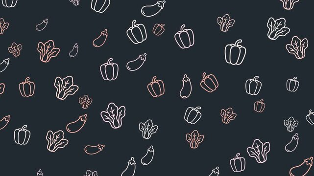 A dark background displays a repeating pattern of white and pink outline illustrations of vegetables