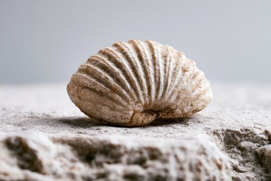 Macro photograph of a brachiopod fossil on pale limestone with fine shell ribbing
