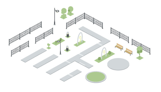 Isometric view of empty city street plan with fenced enclosures street lamps and pedestrian crossing lines.