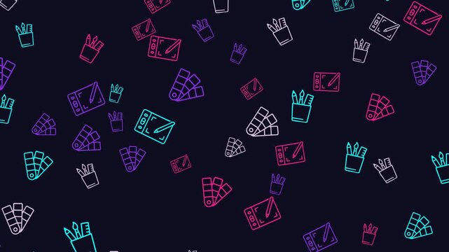A dark background with a repeating pattern of graphic design icons in neon colors