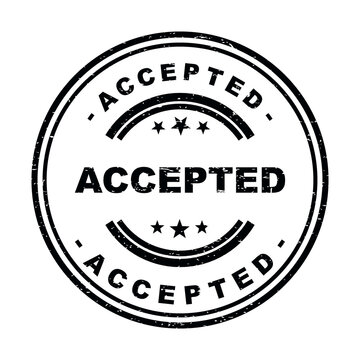 Black grunge round rubber stamp with the word accepted and decorative stars isolated on transparent background