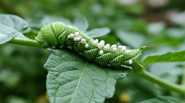 Macro photograph of a tomato hornworm bearing wasp eggs on a garden leaf