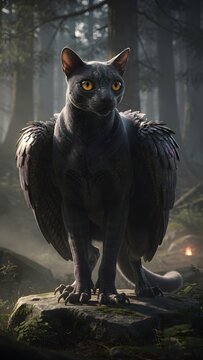 Majestic winged black cat creature in misty fantasy forest