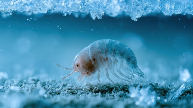 Macro photograph of an amphipod crustacean on the icy Kara Sea seafloor