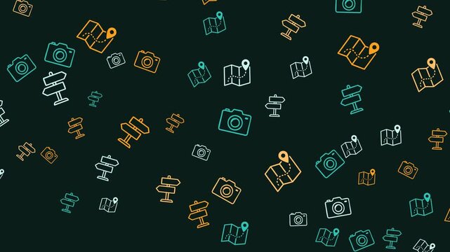 A dark background with a repeating pattern of travelthemed icons