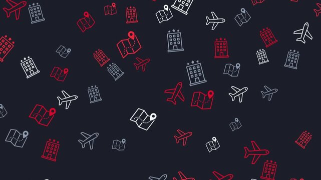 A dark background with repeating red white and gray icons of airplanes hotels and maps