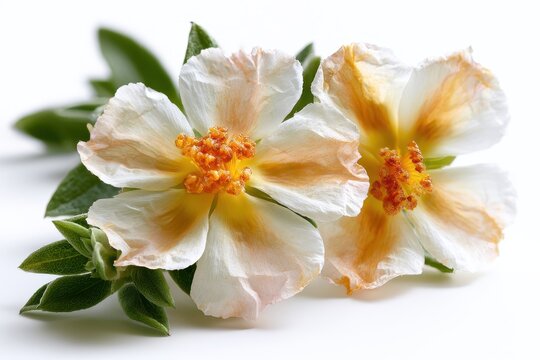 Macro photograph of labdanum flowers and leaves on a clean white background