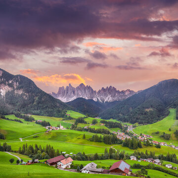 Gorgeous scene of magnificent Santa Maddalena village in Dolomites.