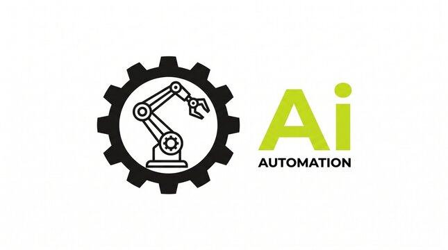Industrial artificial intelligence and robotic automation, mechanical gear icon with robotic arm, smart technology logo