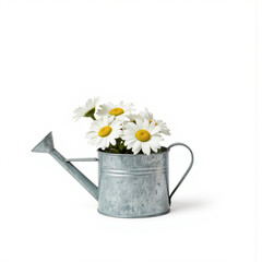 Metal watering can. A miniature galvanized metal watering can holds a bunch of daisies (Leucanthemum vulgare), isolated on a white © svetograph