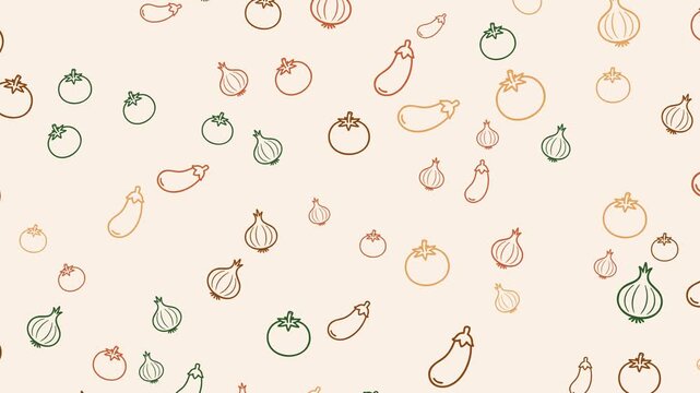 A light background displays a pattern of linedrawn vegetables
