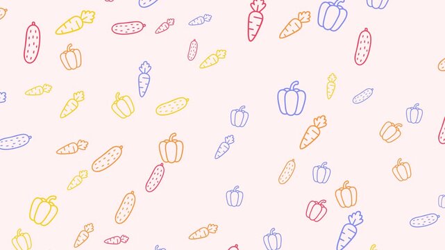 A light pink background with a repeating pattern of colorful vegetable outlines