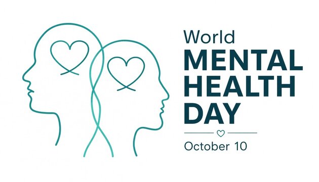 World mental health day graphic with line art profiles and hearts on white background.