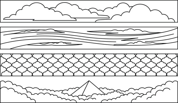 Japanese Style Minimalist Nature Landscape Line Art Border Vector Set Featuring Clouds Waves Mountain Peak and Fish Scale Patterns for Oriental Graphic Designs