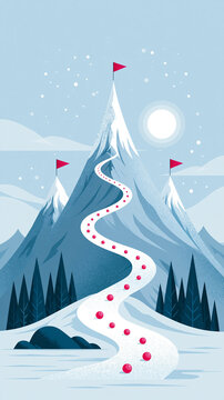 A winding snowy path with red markers leads up to three mountain peaks topped with red flags under a bright sun and falling snow.