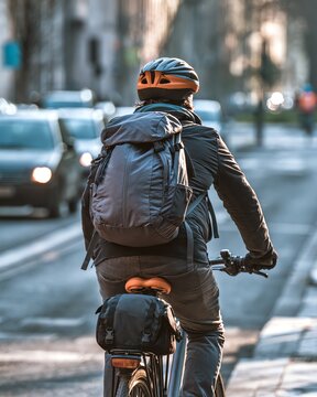 Commuter Cyclist Wearing Helmet and Backpack Rides Down City Street