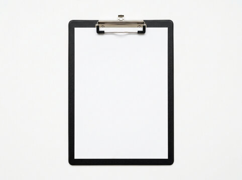 Black plastic clipboard with empty blank paper sheet