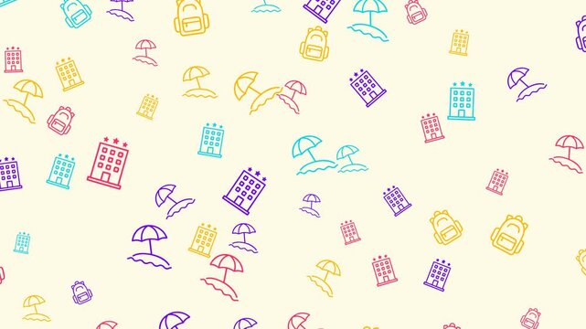 A repeating pattern of colorful lineart icons of hotels and beach umbrellas