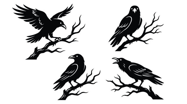 Black and white raven silhouettes on bare tree branches linocut clipart set isolated on white background.