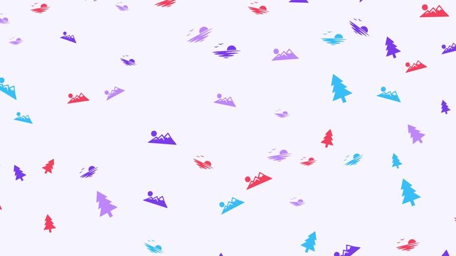 A scattered pattern of colorful mountain and tree icons on a white background