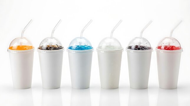 Set of six colorful cold drinks in paper cups with plastic lids and straws lined up in a row. fountain soda cup