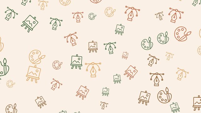 A seamless pattern of artrelated icons in various muted colors on a light background