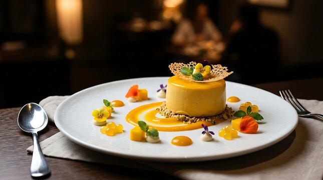 A delicious orange mousse cake dessert served on a white plate with fresh fruit and mint garnish. Mango Mousse Recipe