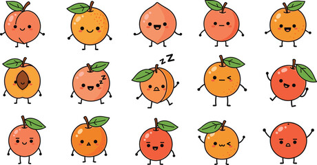 Naklejka premium Large collection of cute cartoon peach and apricot characters with various facial expressions and poses for healthy fruit food themed designs.