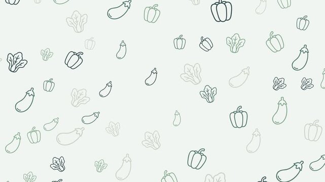 A seamless pattern of outline drawings of eggplants bell peppers and leafy greens