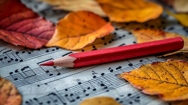 Autumn leaves and music sheet with red pencil