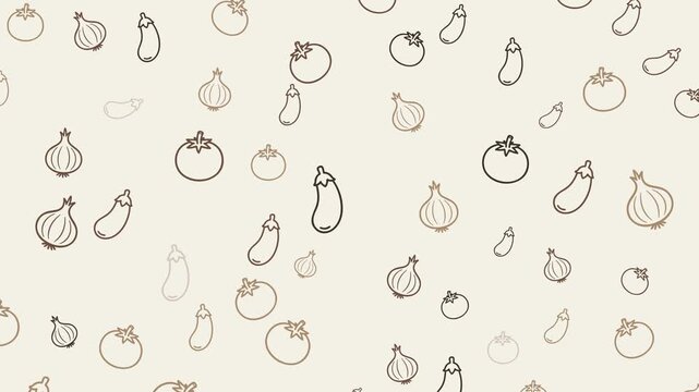 A tiled pattern of outline drawings of vegetables including onions tomatoes and eggplants on a beige background