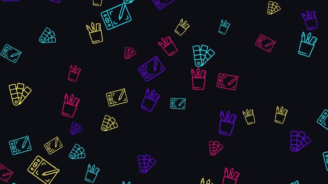 Digital art tools and color swatches pattern on black background