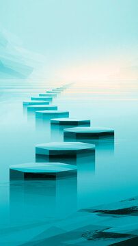 Floating hexagonal platforms create a surreal pathway over calm water, leading toward a soft glowing horizon under a pastel blue sky.