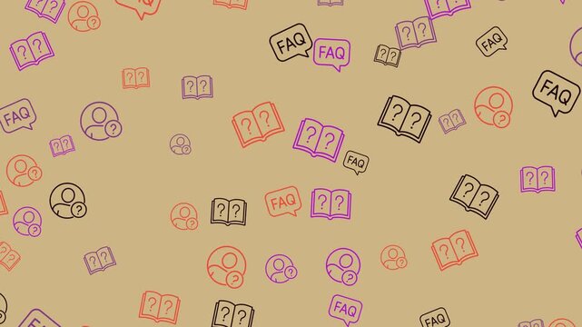 FAQ and question mark icons are scattered on a textured tan background