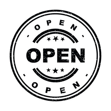Black round stamp sign with the word open written in a vintage rubber style isolated on transparent background