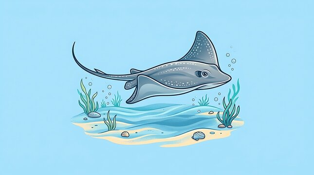 Spotted stingray swimming over a sandy seabed with aquatic plants