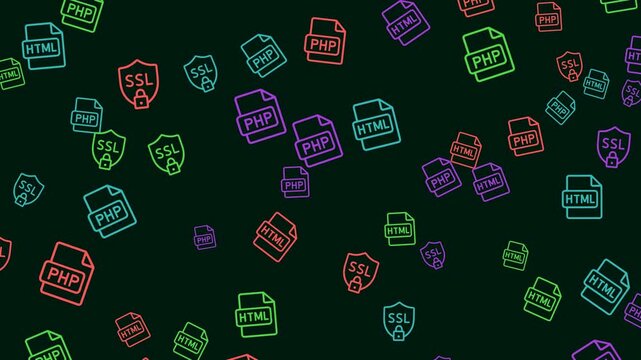 Numerous colorful neon icons of PHP HTML files and SSL shields on black