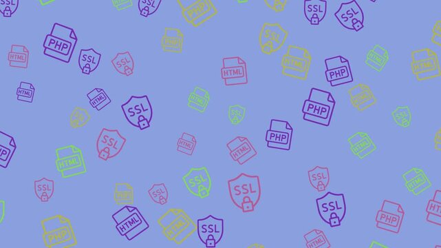 Pattern of colorful tech icons on a blue background