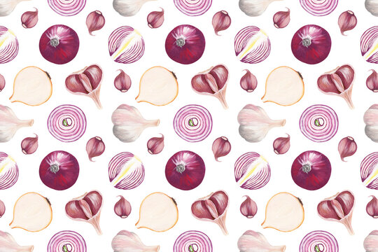 Seamless horizontal gouache pattern of onions and garlic on white background. Hand‑painted whole and sliced bulbs with cloves