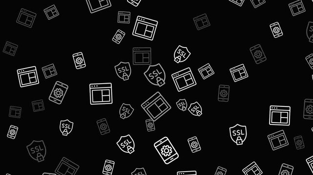 Pattern of white web browser and mobile phone icons on black
