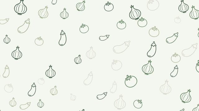 Repeating pattern of outline drawings of onions eggplants and tomatoes