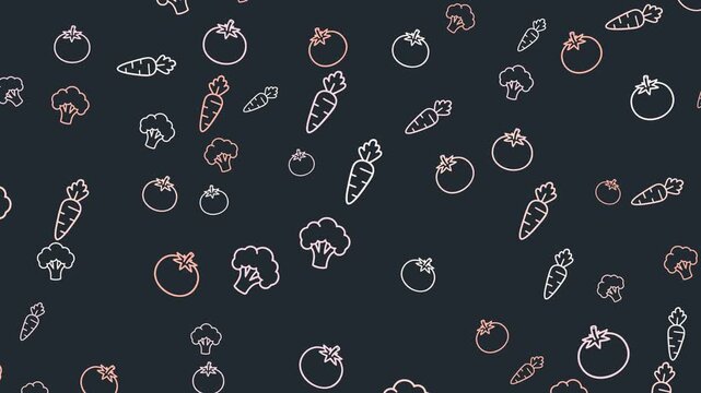 Seamless pattern of cartoonstyle vegetables tomatoes broccoli and carrots on a dark background