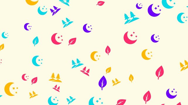 Seamless pattern of colorful crescent moons stars trees and leaves on a cream background