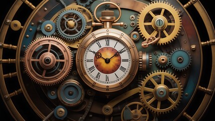 Obraz premium Steampunk inspired clock featuring intricate gears isolated on transparent background