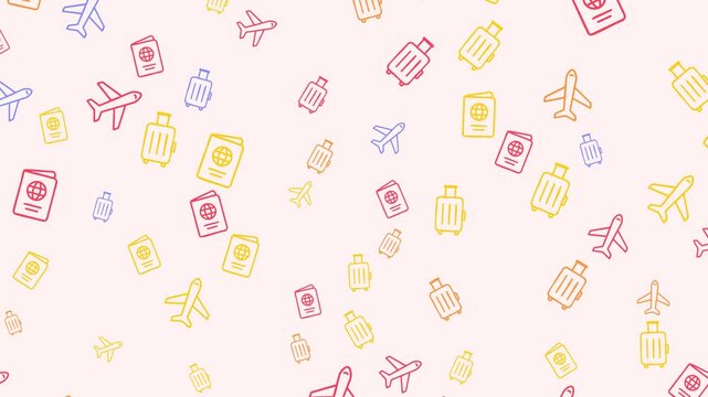 Seamless pattern of colorful travel icons on a pink background