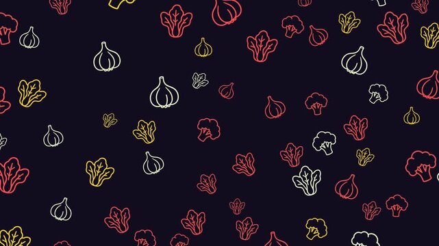Seamless pattern of colorful outline vegetables on a dark background
