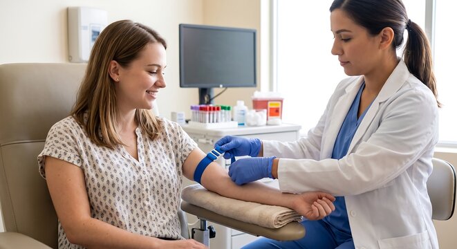 Doctor putting tourniquet on woman arm for blood sample drawing in medical clinic. Professional phlebotomist performing venous access during routine checkup, healthcare service concept.