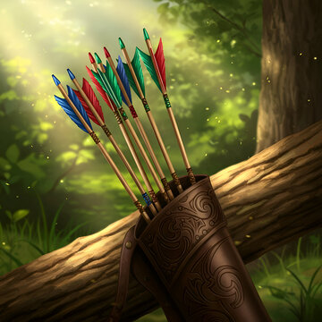 Multicolored arrows in a leather quiver resting against a log in a forest.